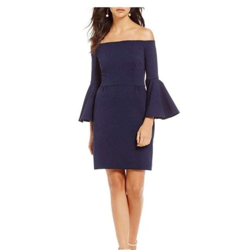 New Trina Turk Miley Off The Shoulder Navy Ponte Dress Bell Sleeves $169 Sz 4